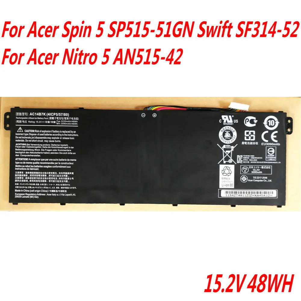 

New 15.2V 3320mAh AC14B7K 41CP5/57/80 Laptop Battery For Acer Spin 5 SP515-51GN Swift SF314-52 Nitro 5 SPIN NP515