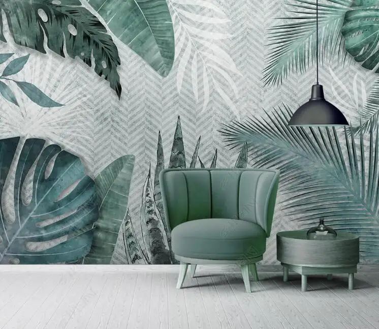 

Milofi custom 3D wallpaperNordic minimalist hand-painted tropical leaves small fresh bedroom background wall