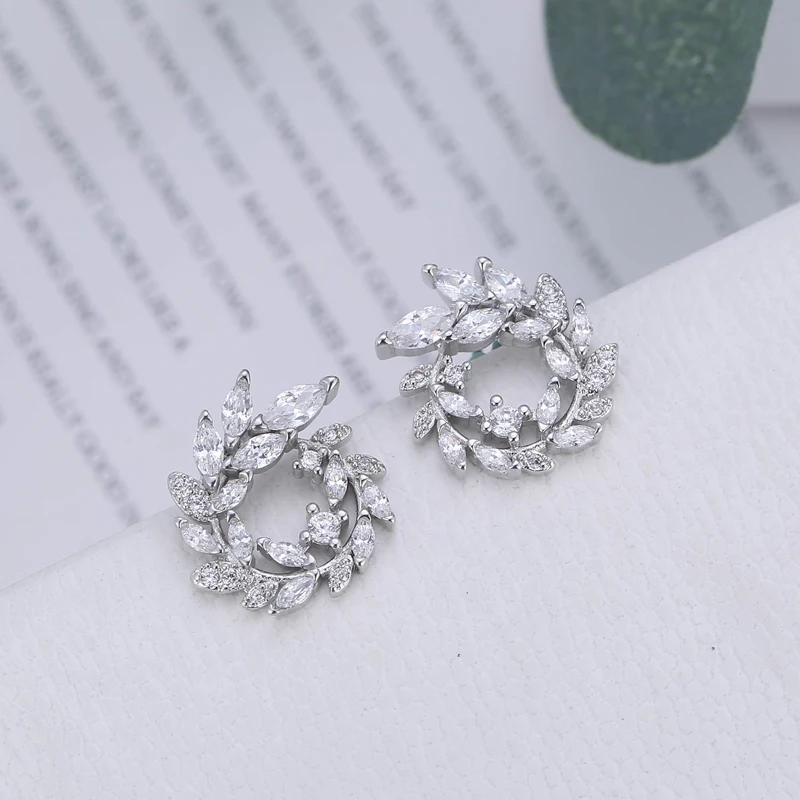 925 Sterling Silver The leaves zircon Stud Earrings For Women  Trend Personality Lady Fashion Jewelry