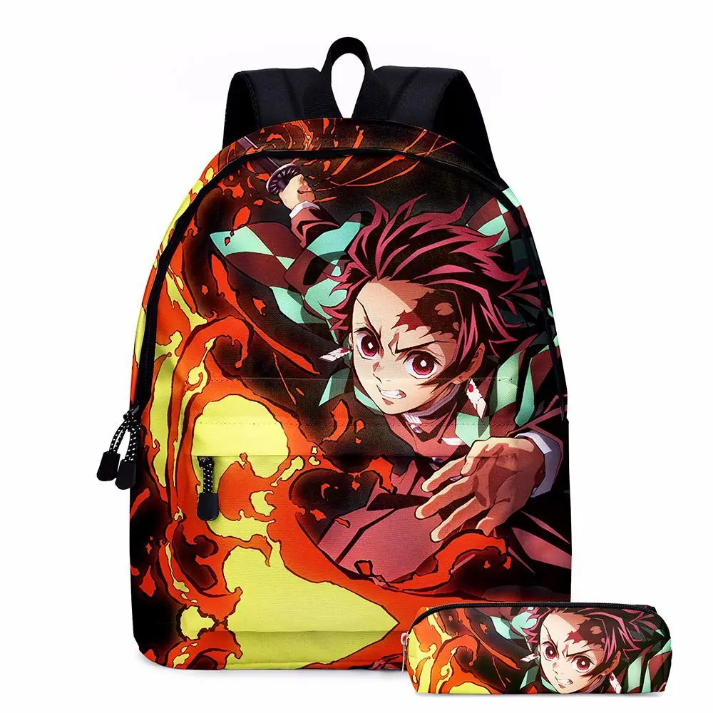 Mochila Demon Slayer Kimetsuno Yaiba, bolsa de escola multi-bolso para meninos e meninas, adolescentes, nova, 2 peças por conjunto