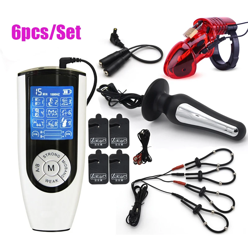 BDSM Strong Host,Electric Shock CB6000 Cock Cage Ball Stretcher Estim Penis Ring Anal Plug Massage Pad Male Chastity Sex Toy Kit