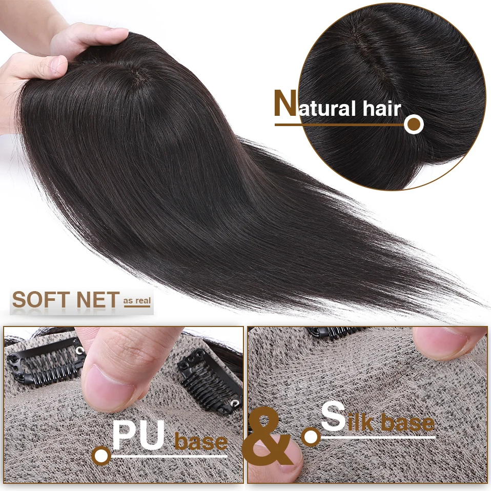 S-noilite Hair Toppers Human Hair 15x16cm PU+Breathable Net Silk Base Hair Cilp Natural Hair Wig 100% Human Hair 57g Hairpiece