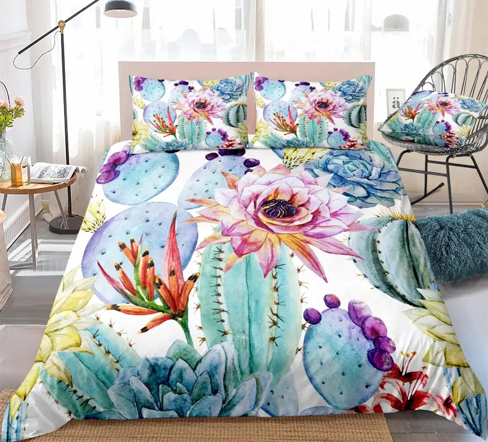 

3PCS Cactus Bedding Set Floral Duvet Cover with Pillowcase Tropical Quilt Cover Home Textiles King Flower Dropship Colorful Teen