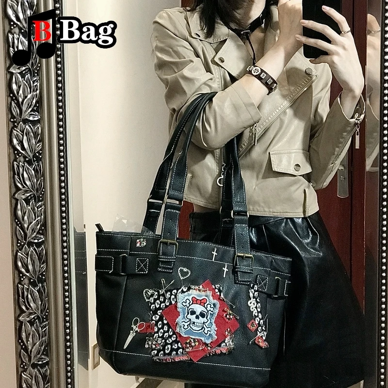 Y2K Gothic Woman Girls Single Shoulder Underarm Bag Tote Harajuku Hot Female Punk Collage Skull pin Large capacity Handbags