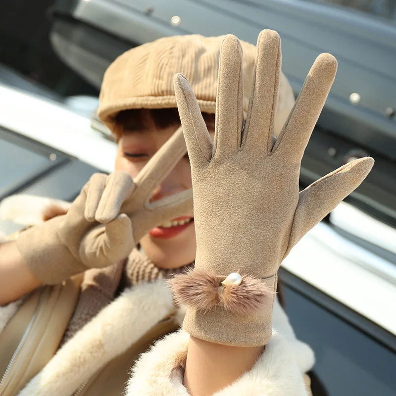 Guantes de terciopelo grueso para mujer, manoplas elásticas con bola de pelo y perlas para pantalla táctil, para ciclismo, Invierno