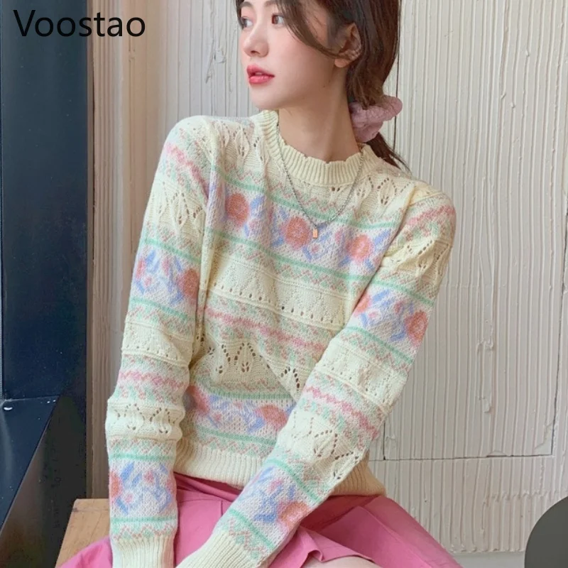 Spring Autumn Sweet Loose O-Neck Knitted Long Sleeve T-shirt Sweater Autumn Women Elegant Hollow Out Floral Pullovers Girly Tops