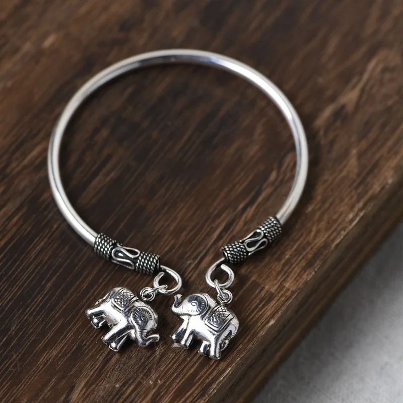 2021 Trend Real S925 Silver Jewelry Retro Craft Personality Woman Bracelet Fashion Open Elephant Pendant Bracelet for Woman