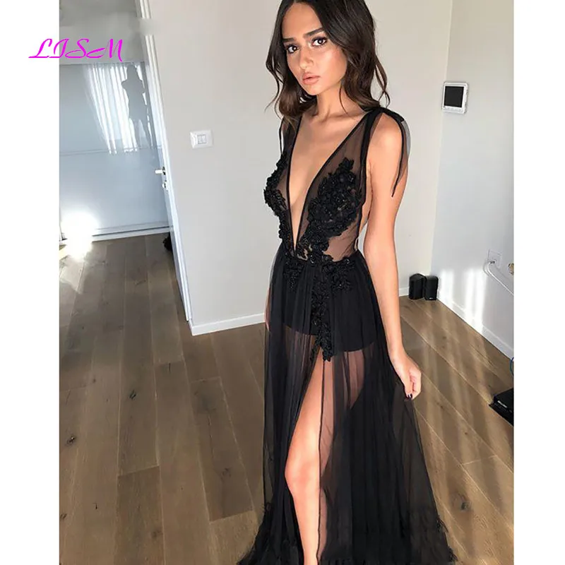 Lace Evening Dress Formal Wear High Split A-Line Prom Gowns See Through Long Evening Party Dress