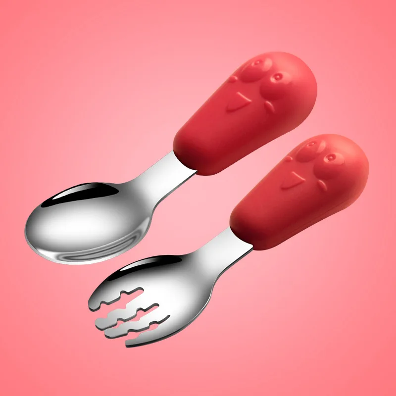 Baby Feeding Fork Silicone Handle Spoon + Stainless Steel Fork Baby learning And Training Supplementary Food Tableware Set