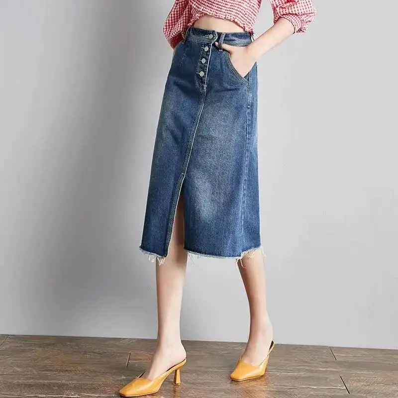 Knee Length Denim Skirt Women Streetwear Casual Pocket High Waist A-Line Jeans Skirts For Female Students Irregular Split Skirts