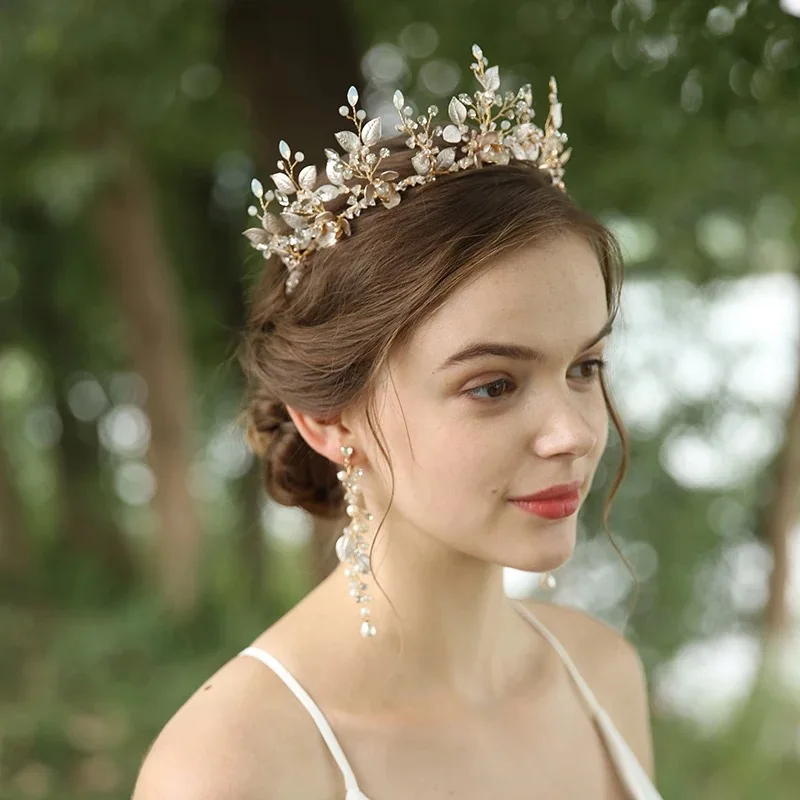 Tiara nupcial de cristal de ópalo para mujer, corona de pelo, perlas, tocado de hoja, Tiaras de boda con cable a mano, accesorios para el cabello