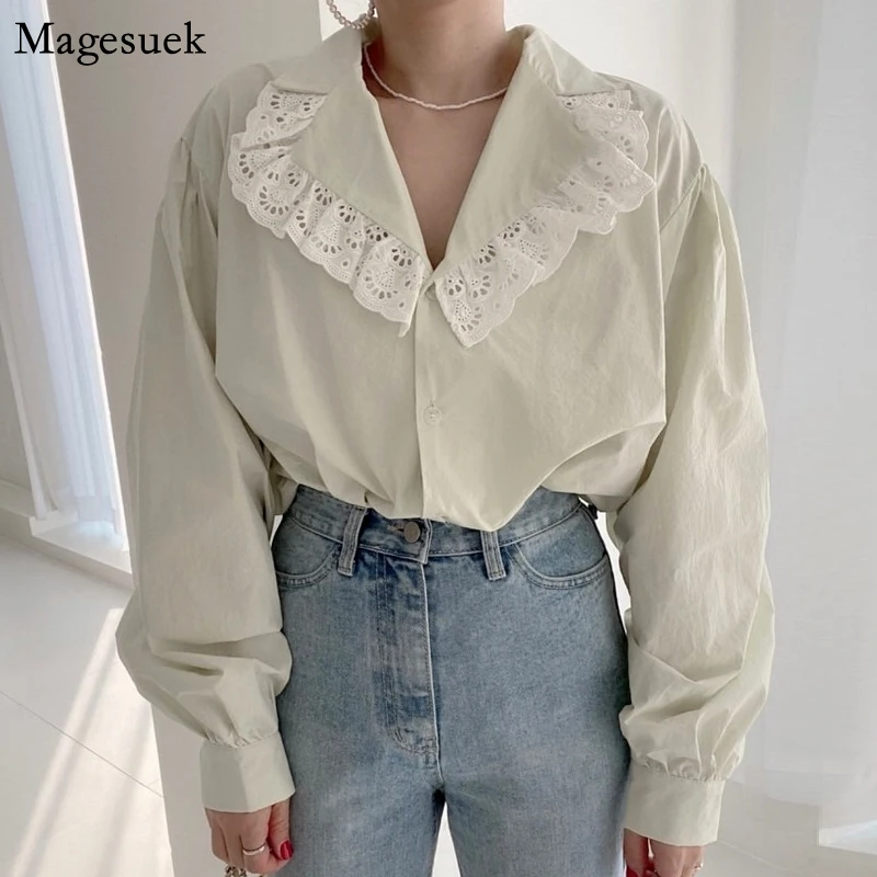 

Chic Sweet Lace Stitched Loose Cotton Women Blouse Autumn New Long Sleeve White Women Shirt Tops Vintage Elegant Blouses 17672