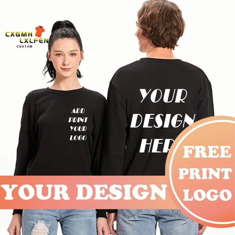 Custom Print Logo Men Women Solid Color Chinese Size 4XL Sweatshirts 100% Pure Cotton Long Sleeve Pullover Couples Streetwear