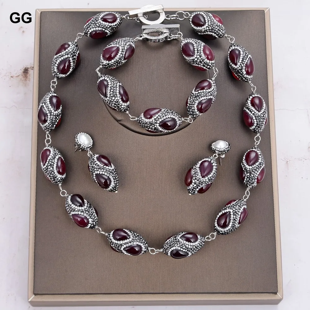 

GG Natural Red Agate Black Rhinestone Paved Wrap Chorker Necklace Bracelet Earrings Sets For Women