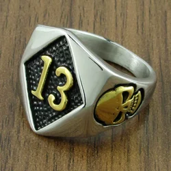 Free Shipping  Classic 316L Stainless Steel Gold Plated Big Skull Head Number 13 Solid Ring Jewelry