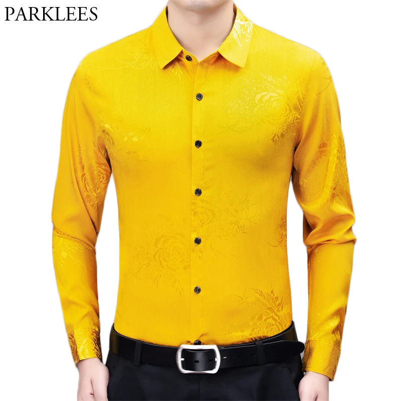 Yellow Smooth Silk Satin Shirt Men 2020 Stylish Floral Printed Mens Slim Fit Long Sleeve Dress Shirts Casual Soft Chemise Homme