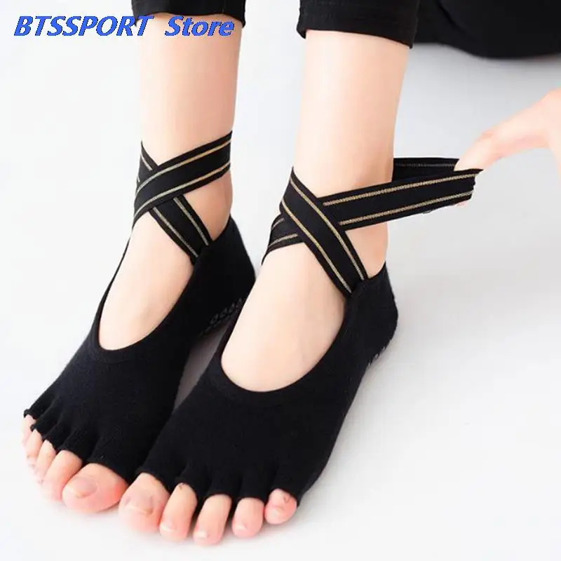 Yoga Socks Anti-slip Five Finger Backless Cross Bandage Silicone Non-slip Toeles