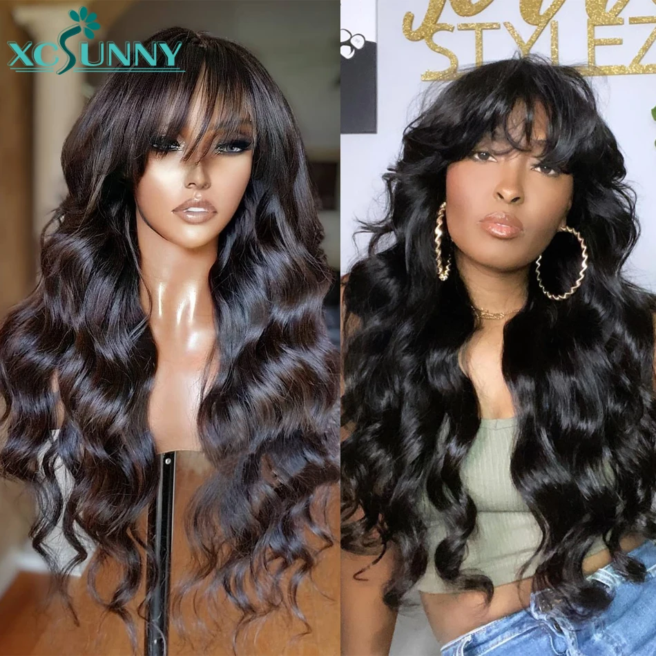 Body Wave Wig With Bangs Remy Brazilian Bangs Wig Human O Scalp Top Full Machine Made Wig Wavy Human Hair Wig For Women Xcsunny