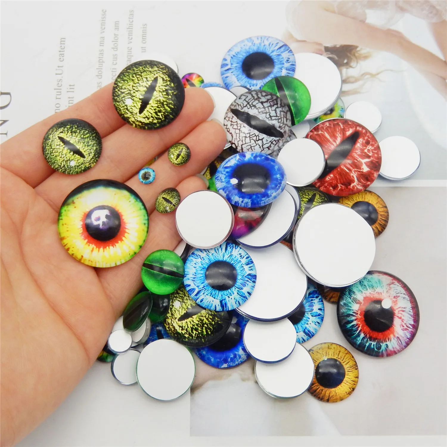 90-100PCS Mixed Glass eyes cabochons Round 6-30MM Round Dome Dragon Eye Animals Cat Eye Toys DIY Jewelry Accessory Pupil Cameo