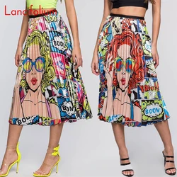 Graphic Print Pleated Skirt Women 2020 Summer Plus Size Sexy Skirt Boho High Waist Midi Skirt Streetwear Cute Faldas Mujer
