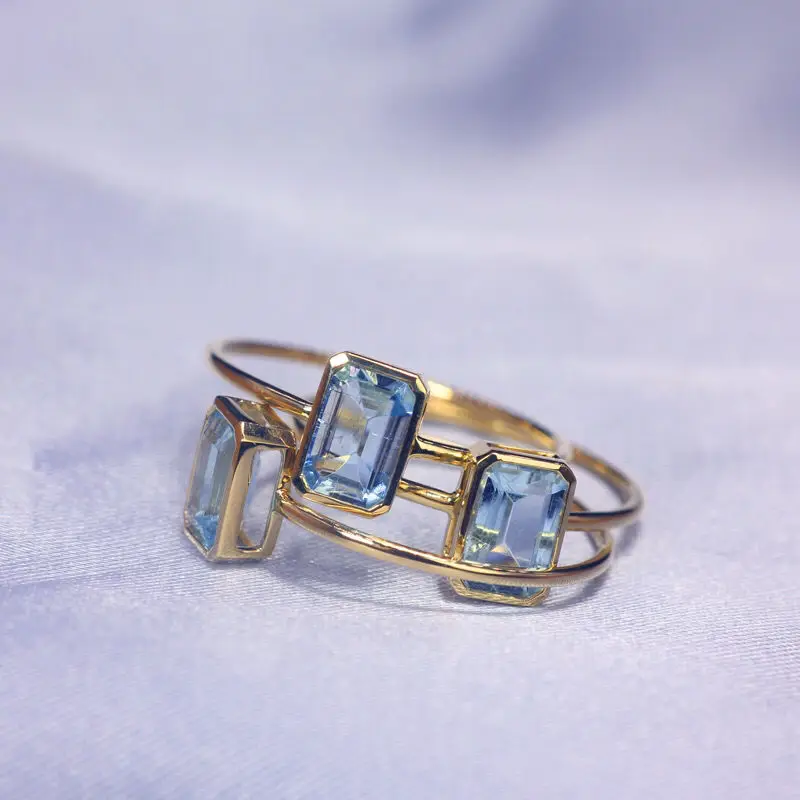 Unique original new rectangular aquamarine minimalist design opening adjustable ring exquisite charm luxury ladies jewelry