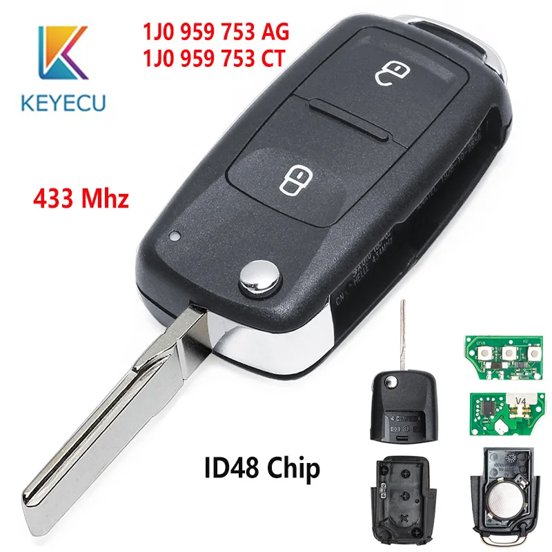 KEYECU 434MHz ID48 Chip FCC:1J0 959 753 AG/ 1J0 959 753 CT 2 Button Remote Key Fob for Volkswagen Golf 4 5 Passat b5 b6 polo