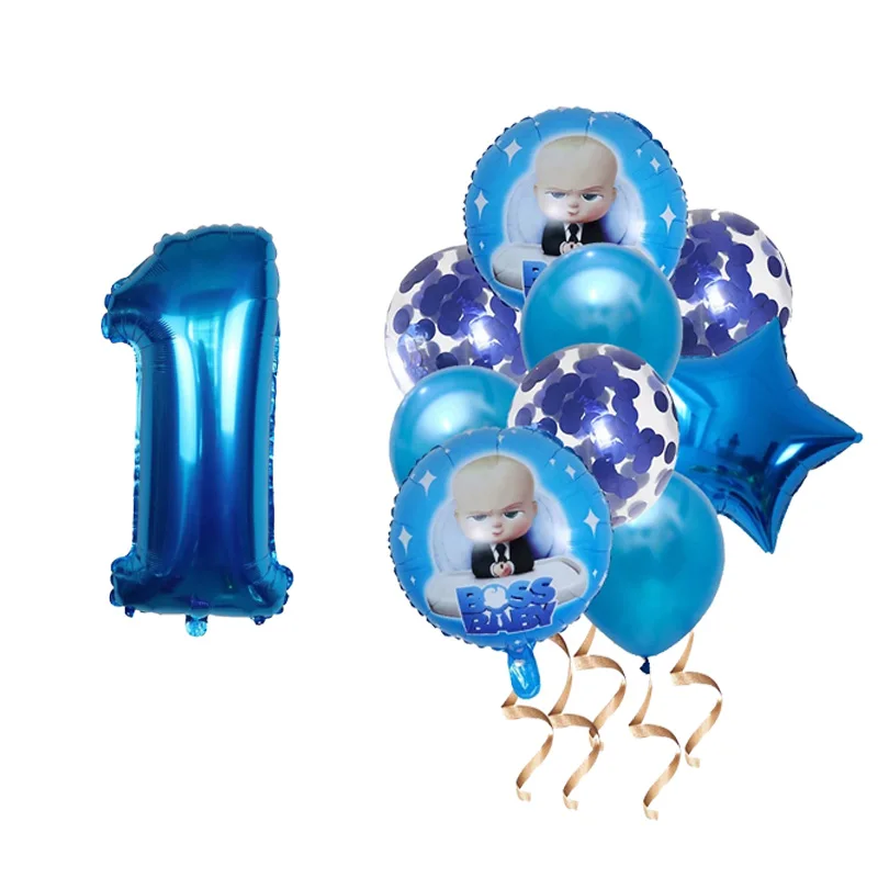 10Pcs Baby Boss Balloons With Blue Number Baloon Little Boy Baby Boss Happy Birthday Party Decoration 1st One Year Old Supplies