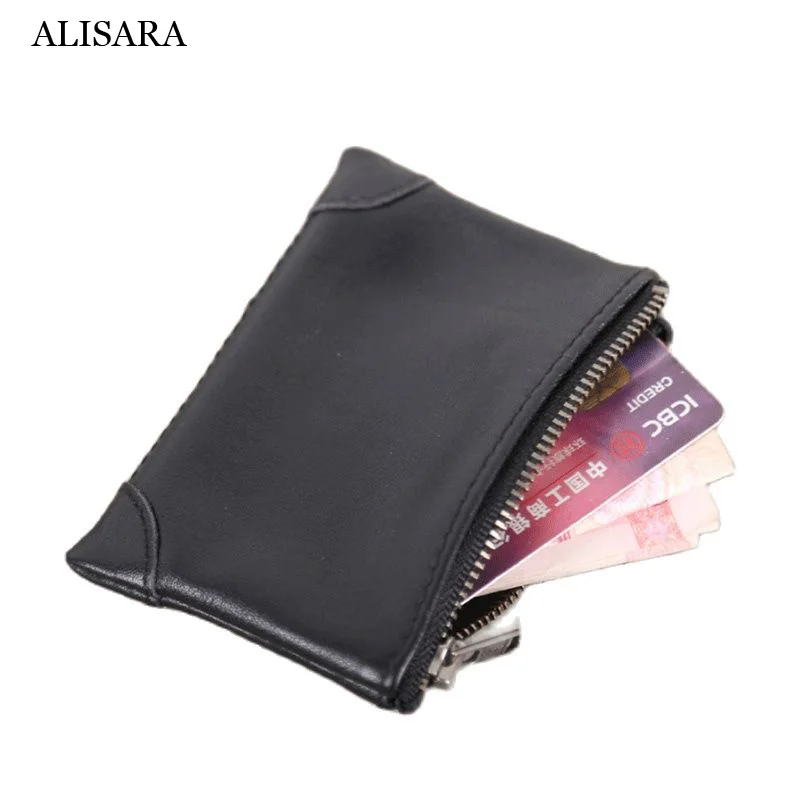 Alisara Zipper Coin Purses First Layer Cow Leather High Quality Storage Coin Pouch Cowhide Casual ID Credit Card Wallets