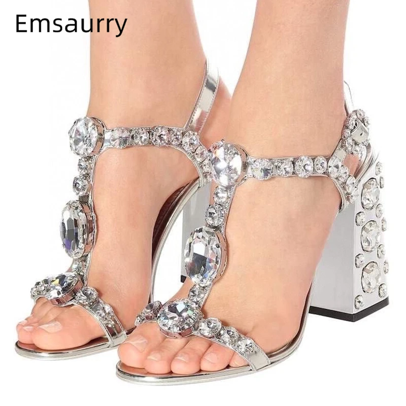 Luxury Diamond Chunky Heel Summer Shoes Woman Bright Genuine Leather T-strap Sexy Open Toe Rhinestone Sandals Women