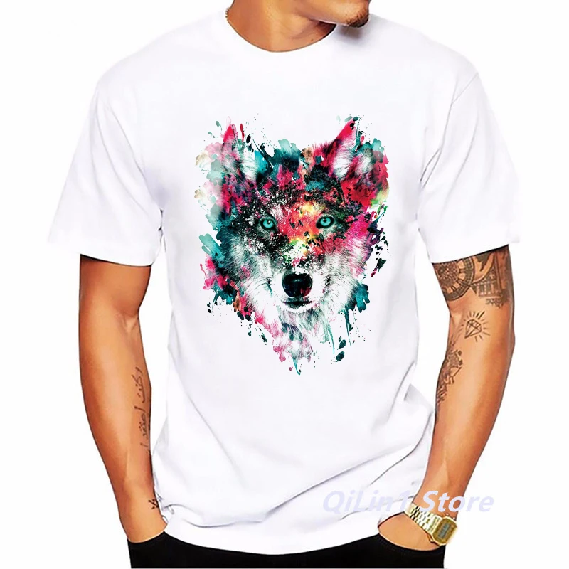 Watercolor Lion/Wolf/Owl/Tiger/Deer Animal Print Tee Shirt Homme Summer Top Male White Short Sleeve T-Shirt Men Hip Hop T Shirt