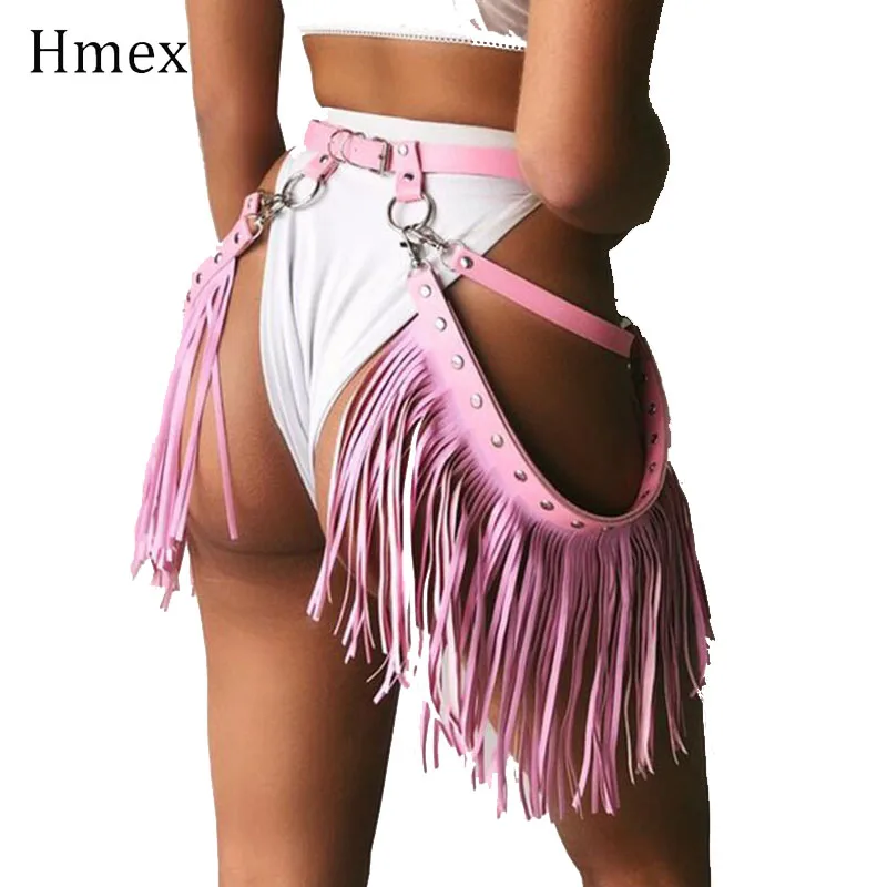 Pink Leather Harness Belt Chain Bra Bondage Garters Women Gothic Adjustable Long Tassels Waist Belt Suspenders