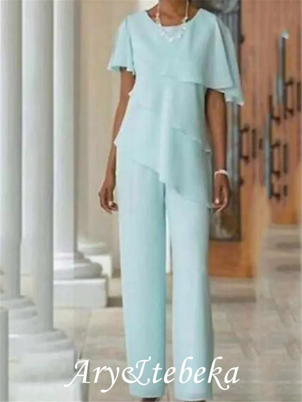 Pantsuit /Jumpsuit Mother of the Bride Dress Elegant Jewel Neck Floor Length Chiffon Short Sleeve with Cascading Ruffles 2021