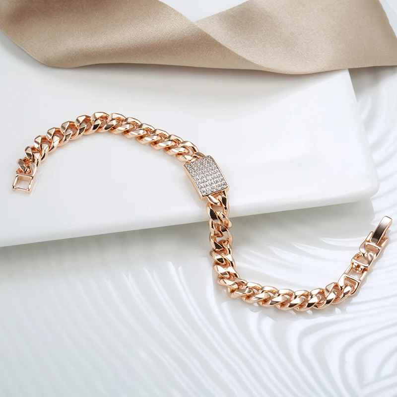 Kinel Luxury 585 Rose Gold Color Natural Zircon Bracelets Women 7mm Curb Cuban Chain Link Bracelet Fashion Punk Vintage Jewelry