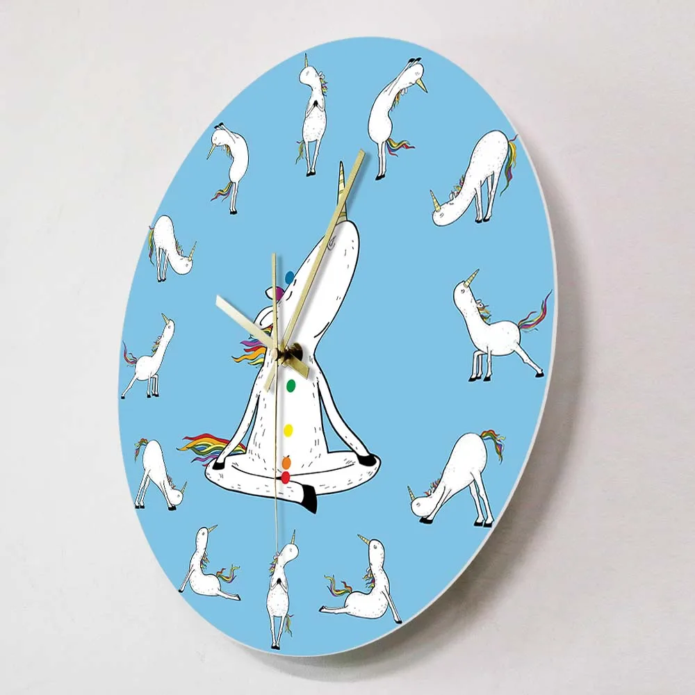 Cute Yoga Unicorn Sun Salutation Wall Clock For Girl Room Magical Rainbow Unicorn Silent Clock Watch Meditation Lover Home Décor