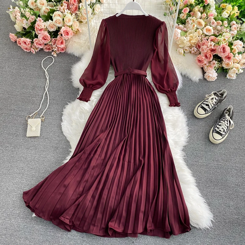 

Midi Dress A-Line Elegant Long Sleeve Lace Party Boho Autumn High Waist 2022 Patchwork Runway Dresses Women Spring Vintage Robe