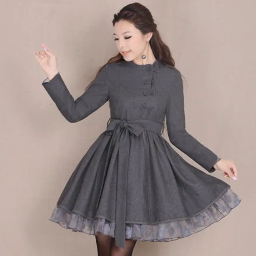 

Autumn winter Woolen Dress 3xl vintage Mesh patchwork o-neck slim a-line dress
