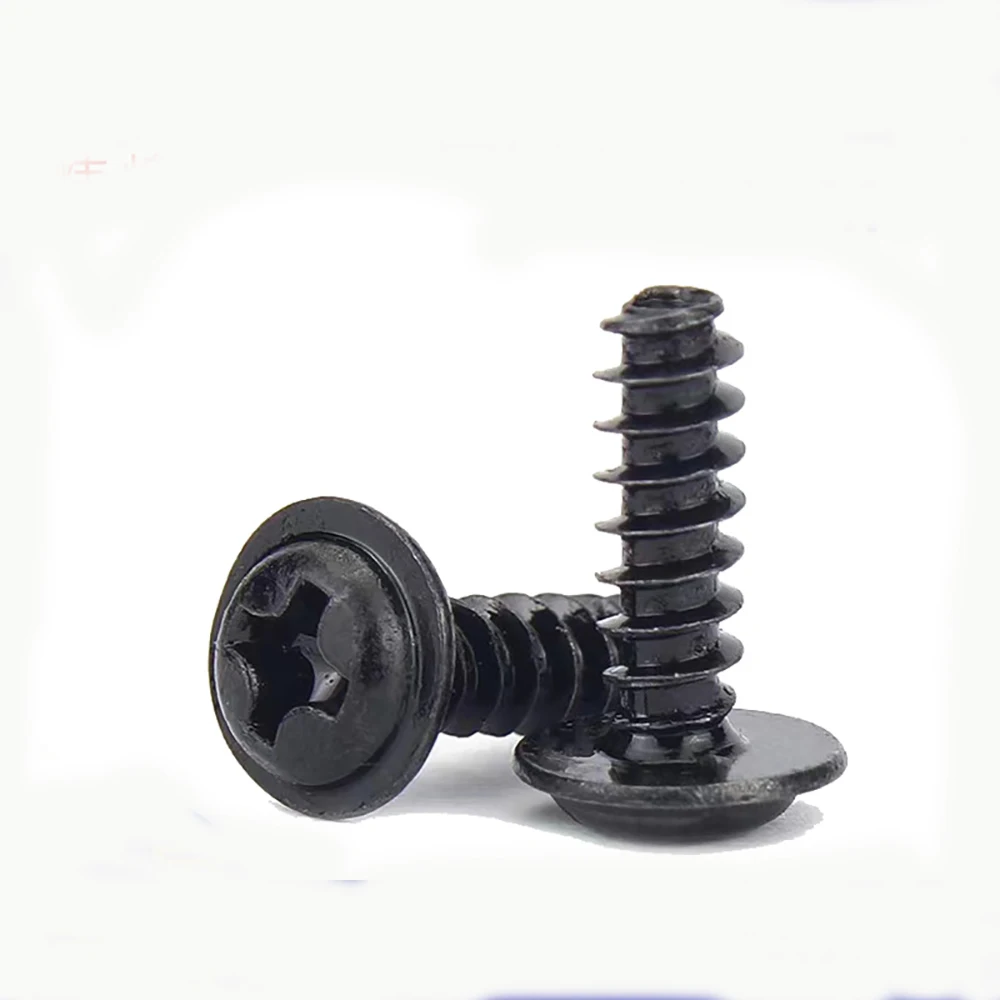 100pcs/Lot PWB Round Head W/ Washer Self-tapping Screw Black Plated Carbon Steel Truss Screw M1.4 M1.7 M2 M2.3 M2.6 M3 M3.5 M4