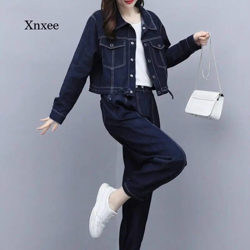 2021 Women's Spring and Autumn New Denim Suit Casual Loose Lapel Solid Color Shirt Belt Slim Jeans