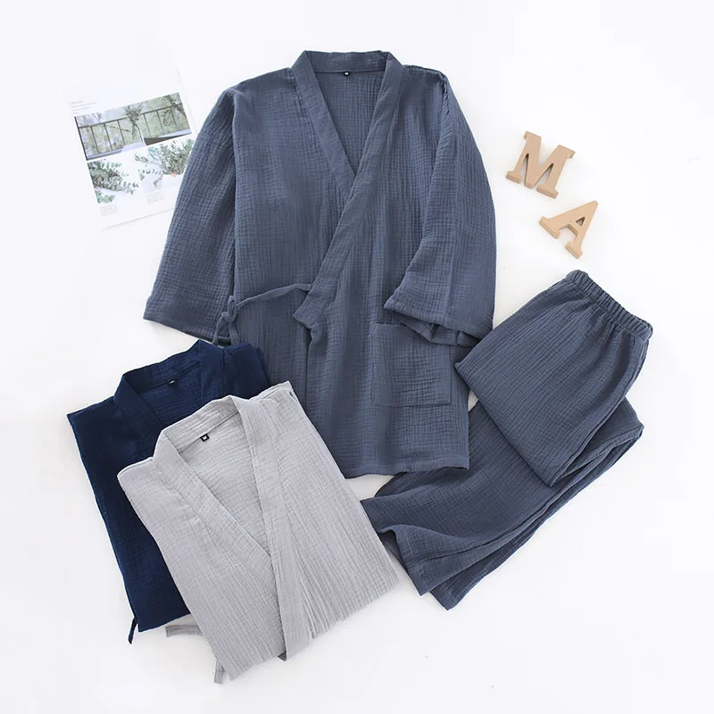 Japanese-Style Kimono Pajamas Men Spring And Autumn Encryption Washed Crepe Cotton Gauze Sleepwear Suit Loose Lounge Negligee