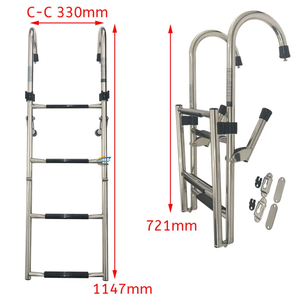 1.14m boat accessories marine 4 Step Under Platform Boat Ladder Stainless Steel Boarding Telescoping Ladder