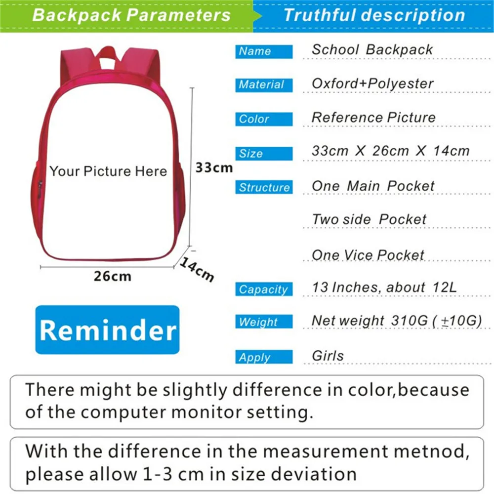 Customize Your Logo Name Image Toddlers Backpack Baby Kindergarten Backpack Cartoon Children School Bags Kids Gift Bags 13 Inch