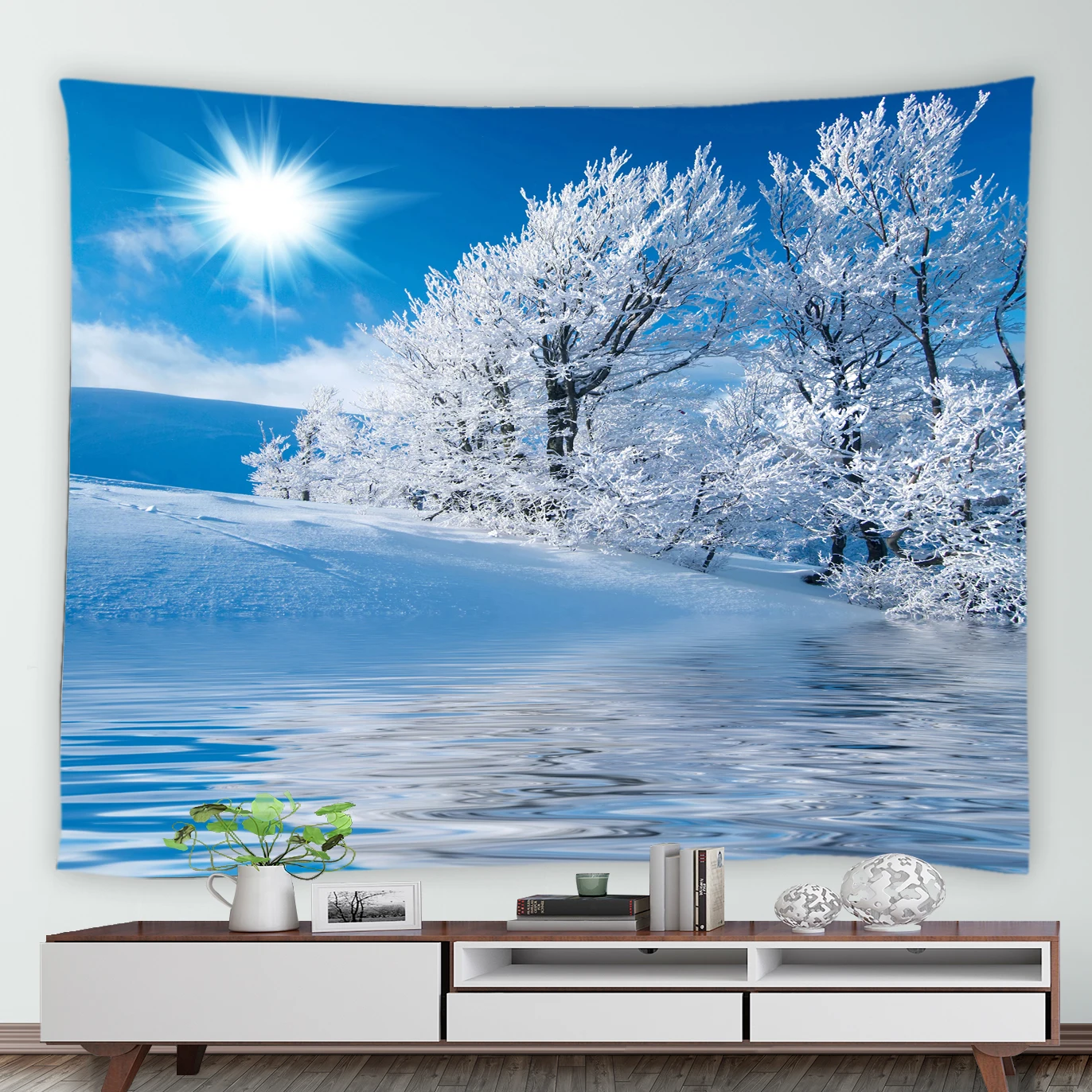 Winter Nature Landscape Tapestry White Trees Forest Tapestries Home Backdrop Wall Hanging Picnic Mat Tablecloth Blanket Decors