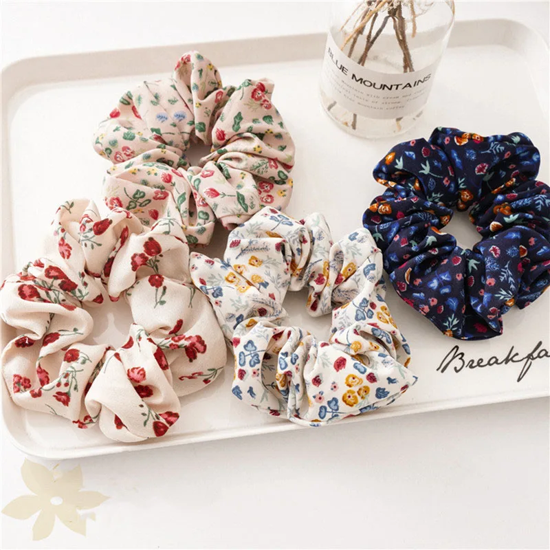 Ruoshui Woman Printed Floral Hair Ties Flower Scrunchies Vintage Elastic Hairband Hair Rope Hair Accessories Headwear Hair Gum