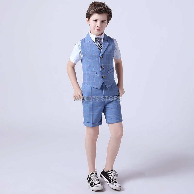 

Prince Noble Vest Shirt Shorts Strap Bowtie 5Pcs Dress Boys Summer Luxurious Wedding Suit Children Piano Performance Costume