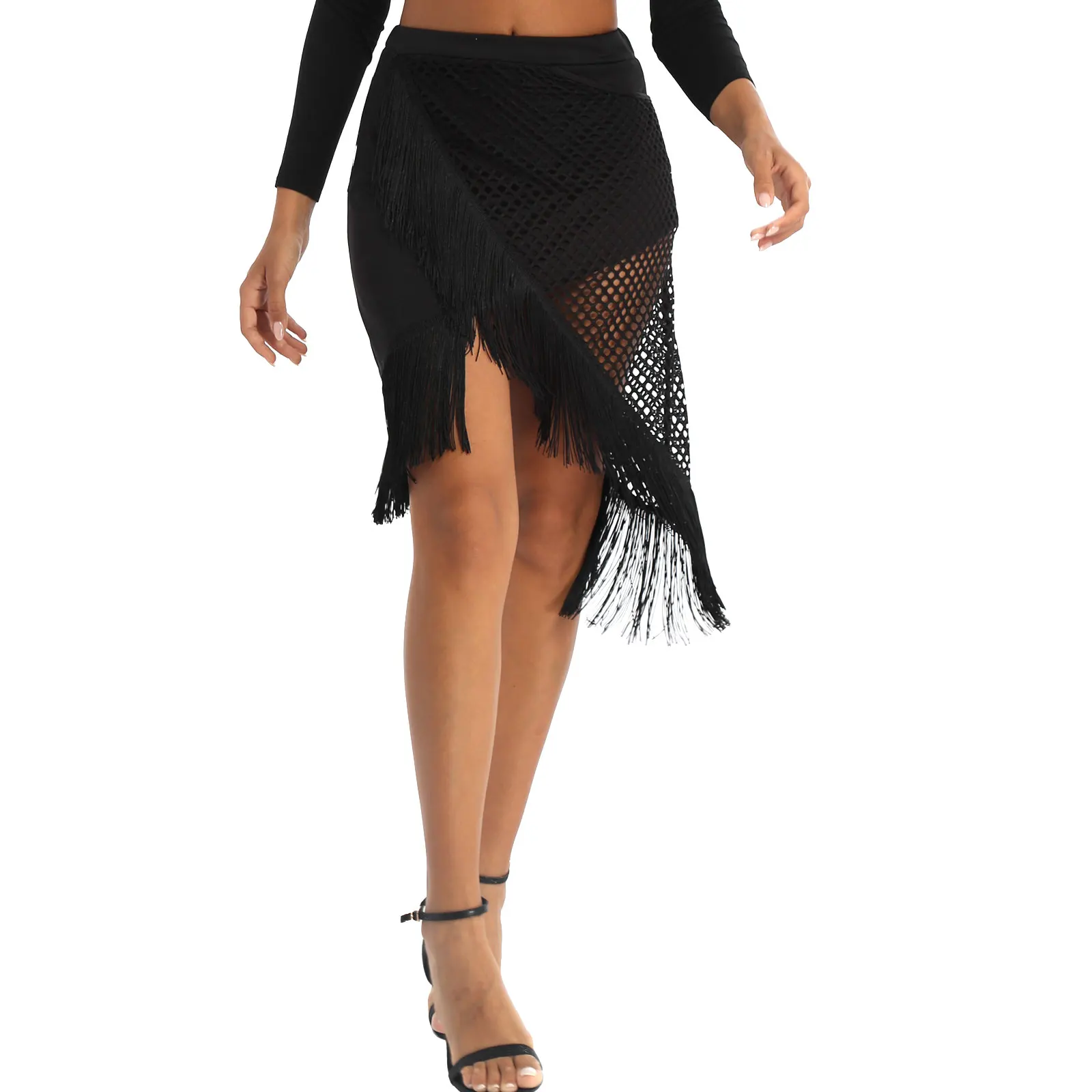 Phụ Nữ Trưởng Thành Đen Tua Rua Chân Váy Sexy Cutout Bất Đối Xứng Tua Rua Salsa Nhảy Latin Đầm Huấn Luyện Thi Trình Diễn Trang Phục