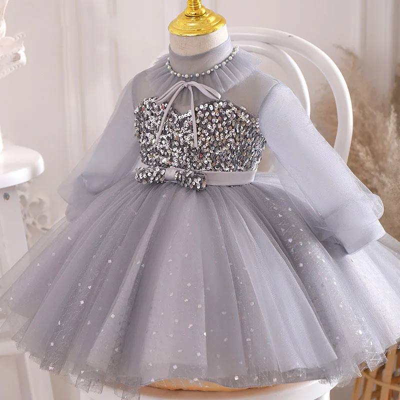 

Baby Girl Tutu Tulle Dress Infant Grey Sequin Elegant Dresses Todder Girls 1 Year Birthday Ball Gown Children Boutique Clothes