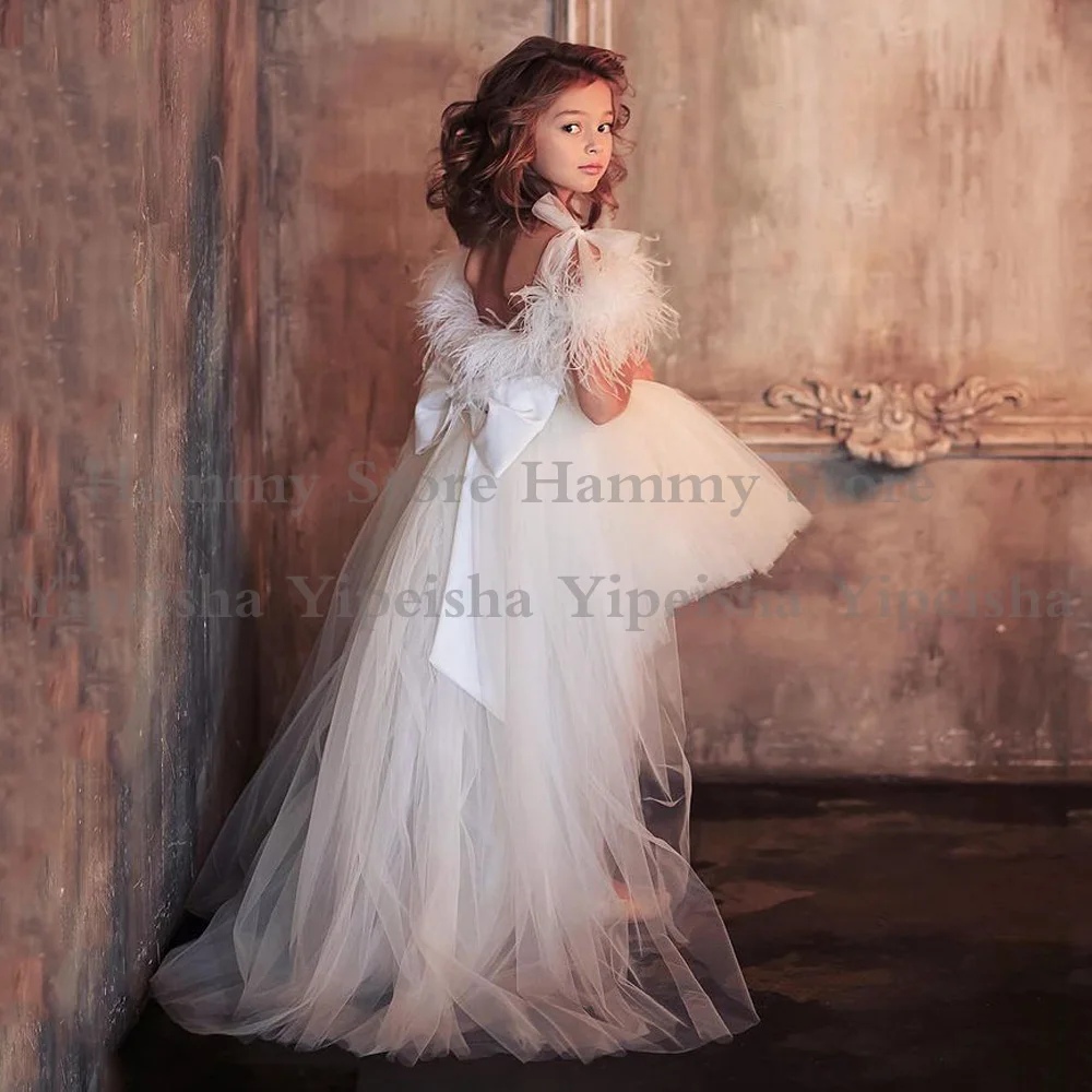 White Flower Girl Dress Feathers Bow Straps festa di nozze della ragazza Off The Shoulder Puff abito da prima comunione