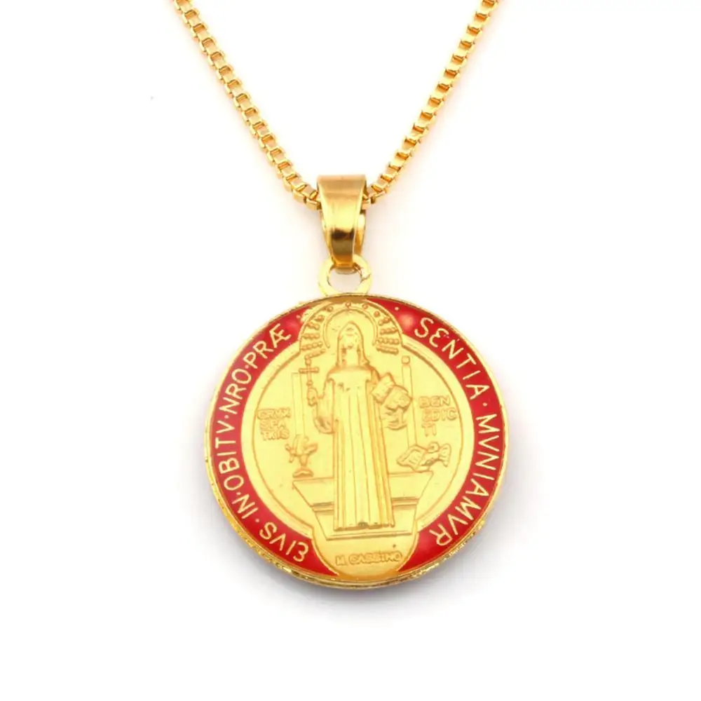 Red Enamel Saint Benedict Medal Crucifix Cross Alloy Charms Pendant Necklaces Jewelry DIY 23.6inches Chains 10pcs A-369d