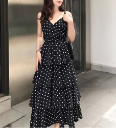 Polka Dot Halter Cake 2022 Spring and Summer New Slim Suspender V-neck Chiffon Dress Female S-XL