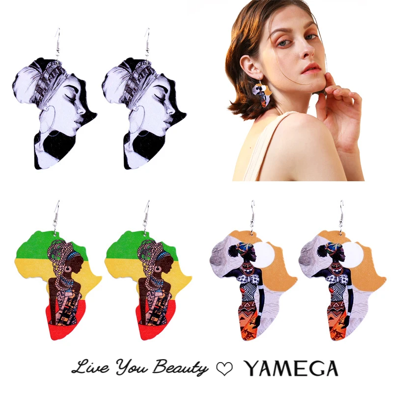 YAMEGA New Printed African Wooden Earrings African Map Earring Motherland Countries Woman Jewelry Gift for Black Women Latest